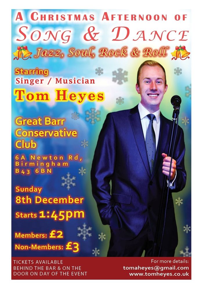With Christmas on the way, Tom will return to Great Barr Conservative Club on Sunday 9th December (from 1:45 to 4pm) for 'A Christmas Afternoon of Song & Dance'.

A Merry Afternoon of Jazz, Soul, to Pop and Rock'n'Roll, along with a some Christmas Classics in a relaxed, care-free atmosphere!!! Plus a charity raffle with proceeds going to John Taylor Hospice.

So please feel free to have a dance, singalong or just sit back & enjoy the show, everyone is welcome. An event not to be missed.